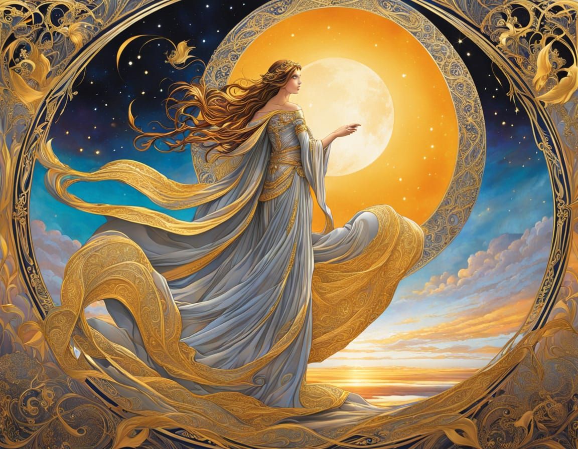 Divine Goddess in Silver Cape: Art Nouveau Ink Illustration