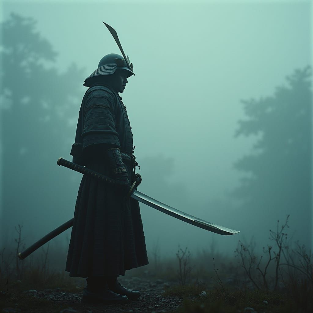 Epic Japanese Samurai Warrior in Misty Landscape