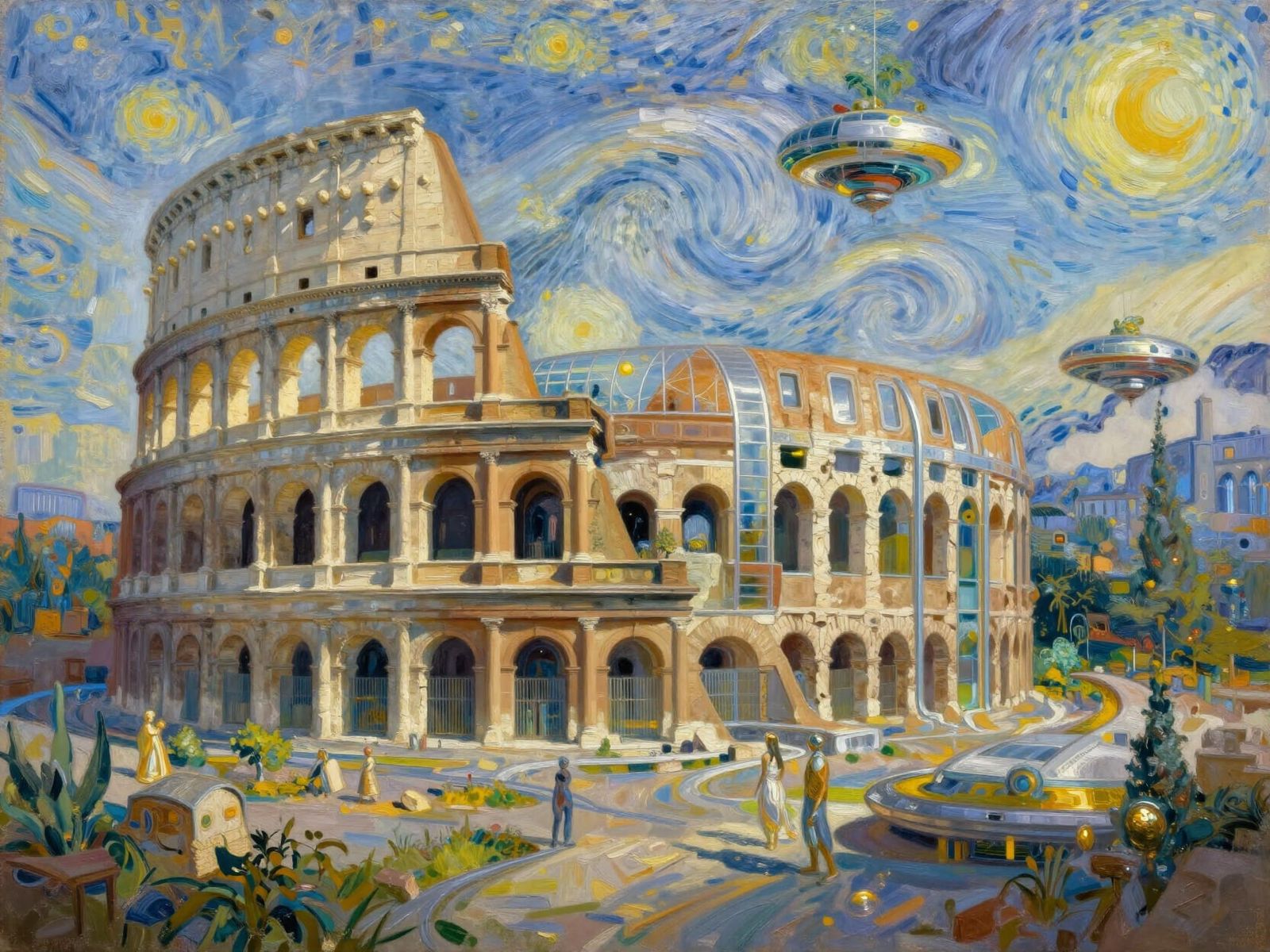 Futuristic Rome: Colosseum Reborn as Shimmering Glass Arena