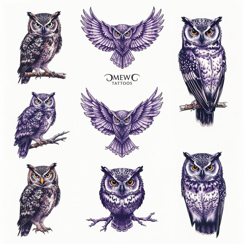 Purple Owl Temporary Tattoo Sheet