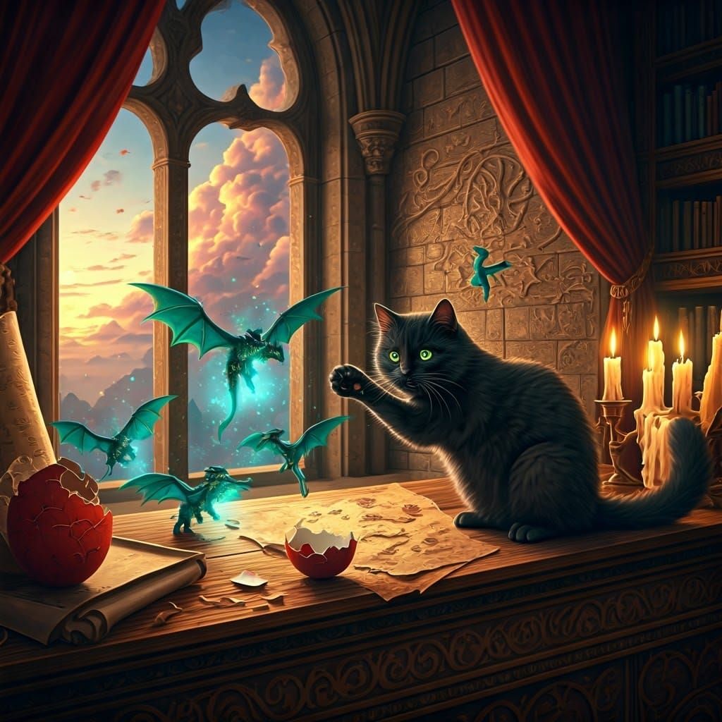 Emerald-Eyed Feline Enchants Iridescent Dragons in Golden Gl...