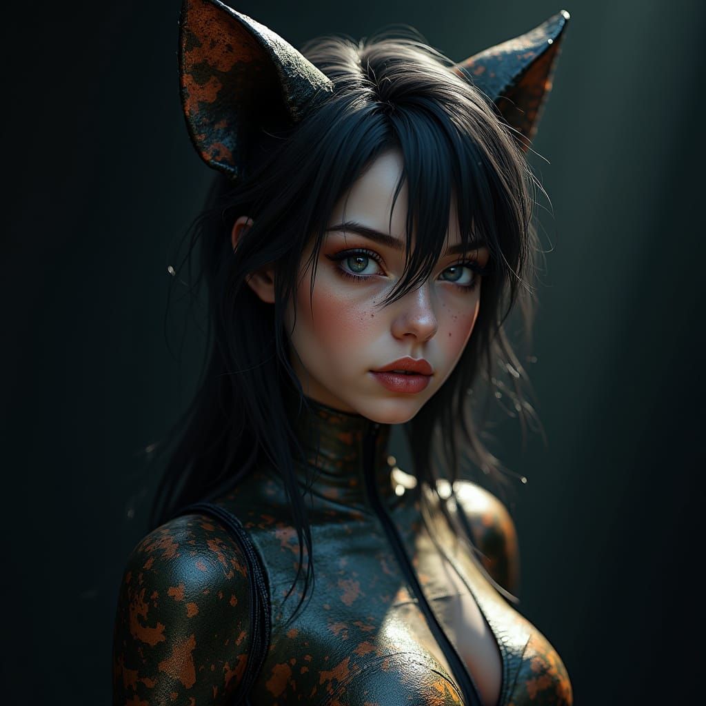 Stunning Woman in Latex Cat-Suit, Cinematic Lighting