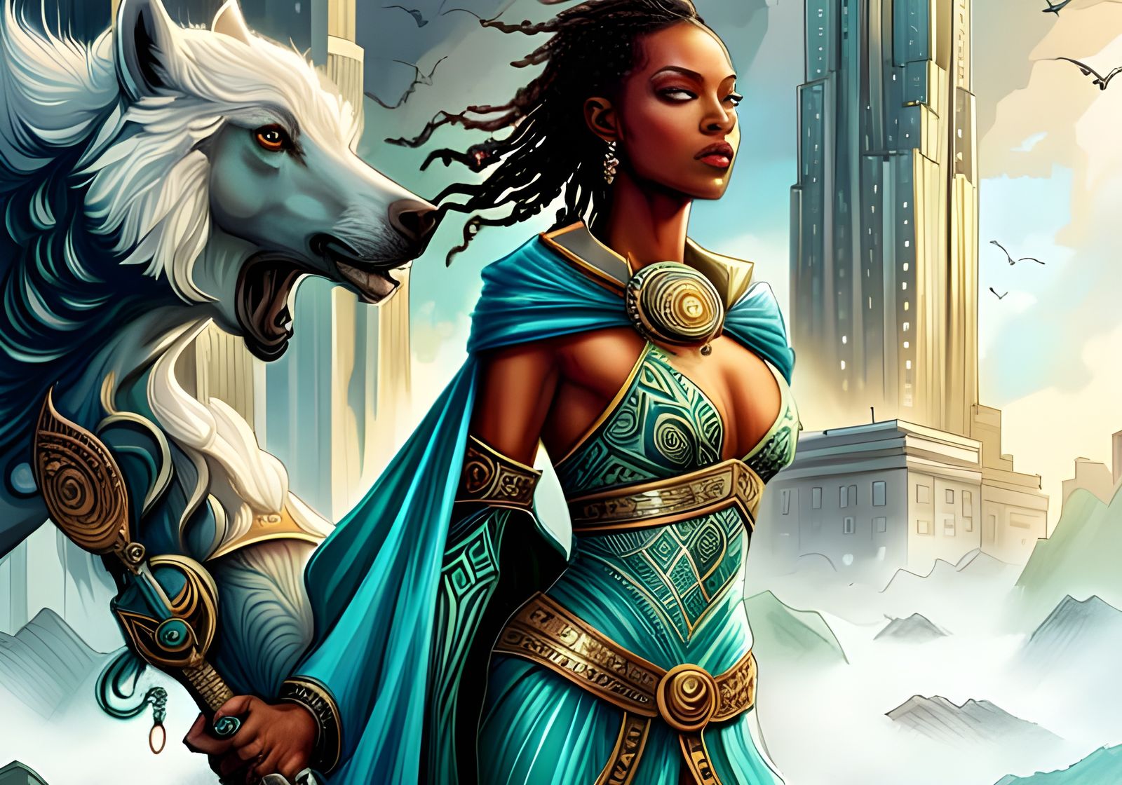 African Goddess in Futuristic City, Detailed 3D Render