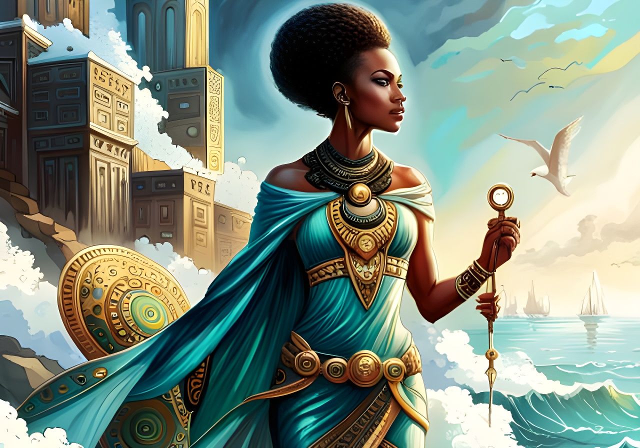 African Goddess in Futuristic Cityscape: Detailed 8K Render