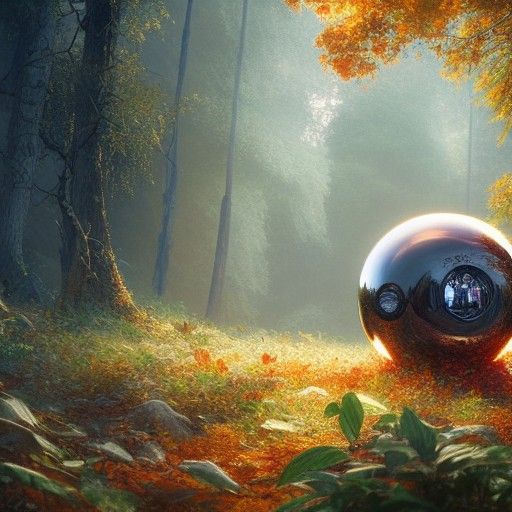 Futuristic Love Sphere in Autumn Forest, Mucha Style