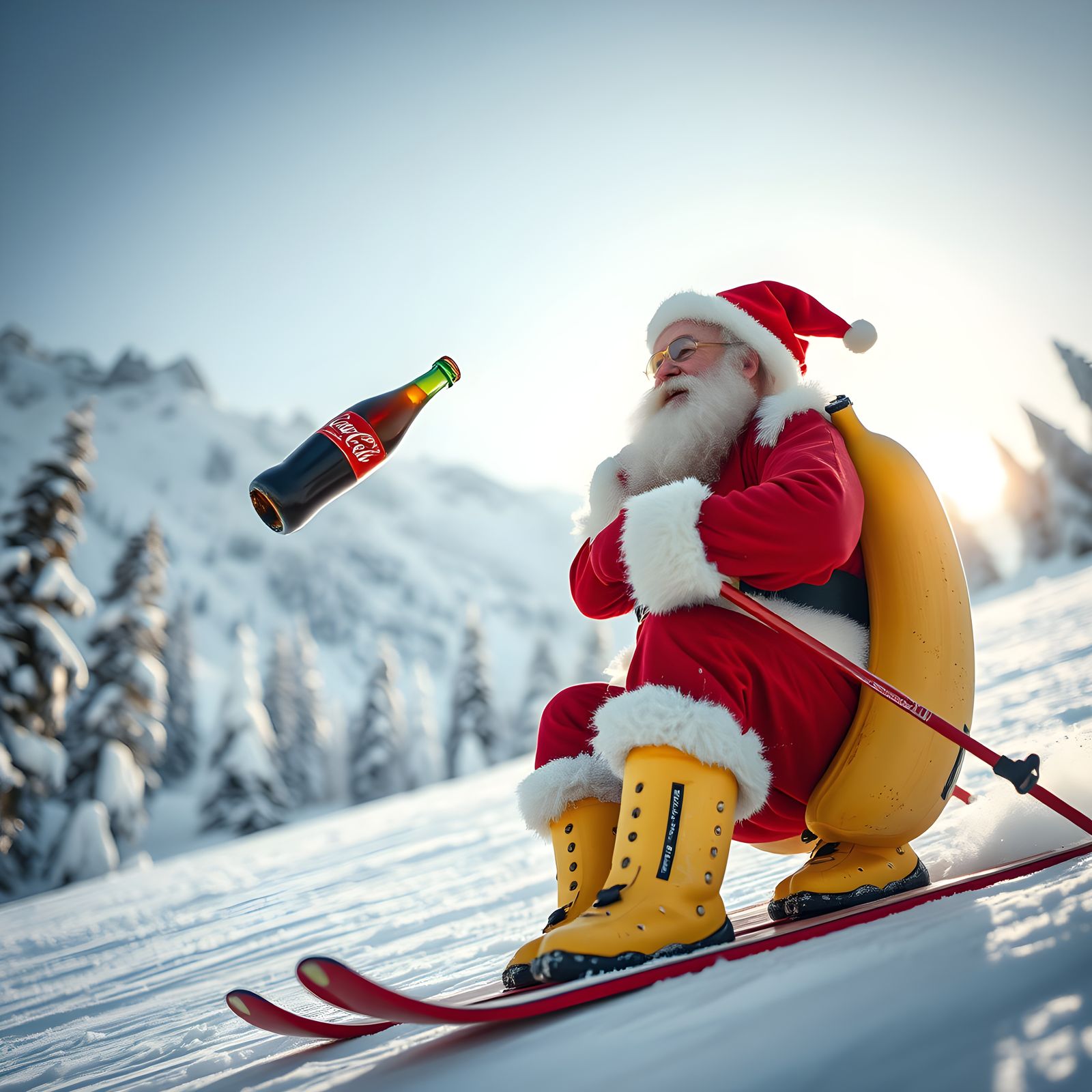 Santa Claus Skiing with Kitten in Alps