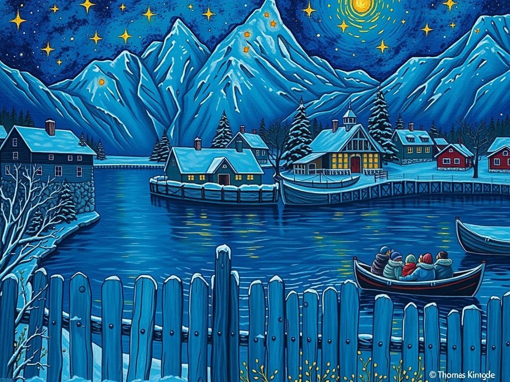 Winter Village Scene Under Starry Night Sky in Whimsical Pai...