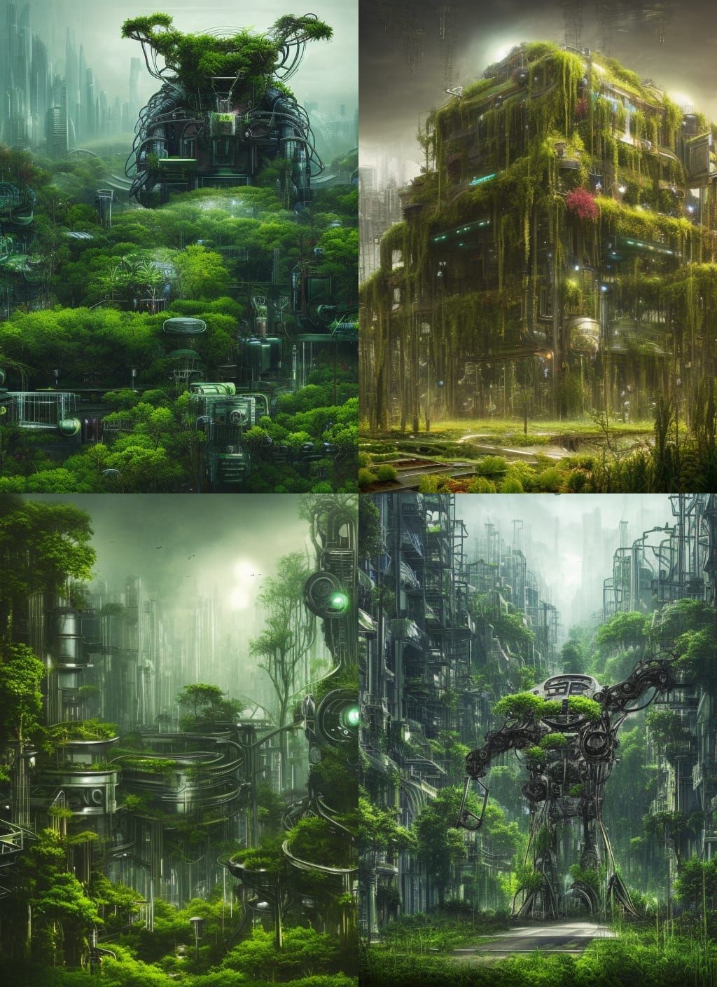 Cybernetic Plant Machine in Overgrown Cyberpunk City