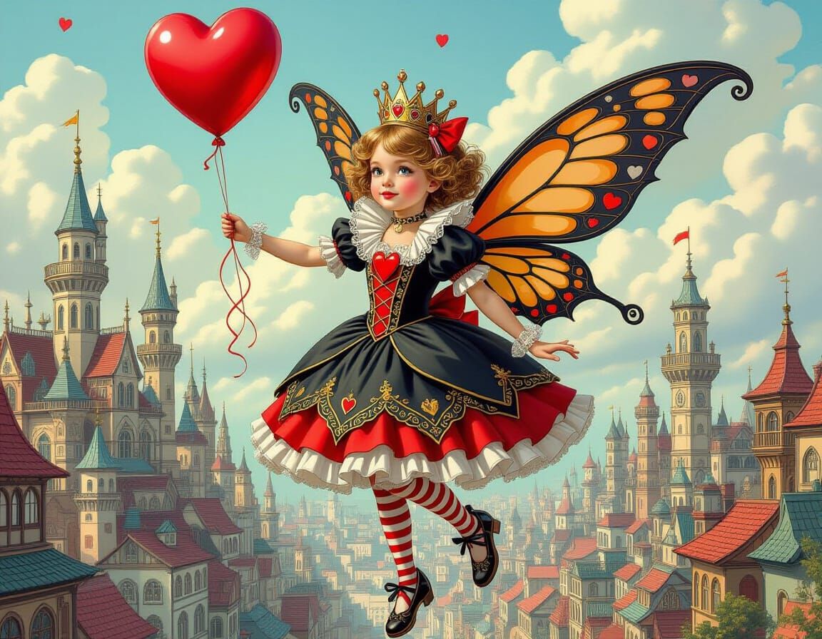 Queen of Hearts Soaring with Steampunk Wings