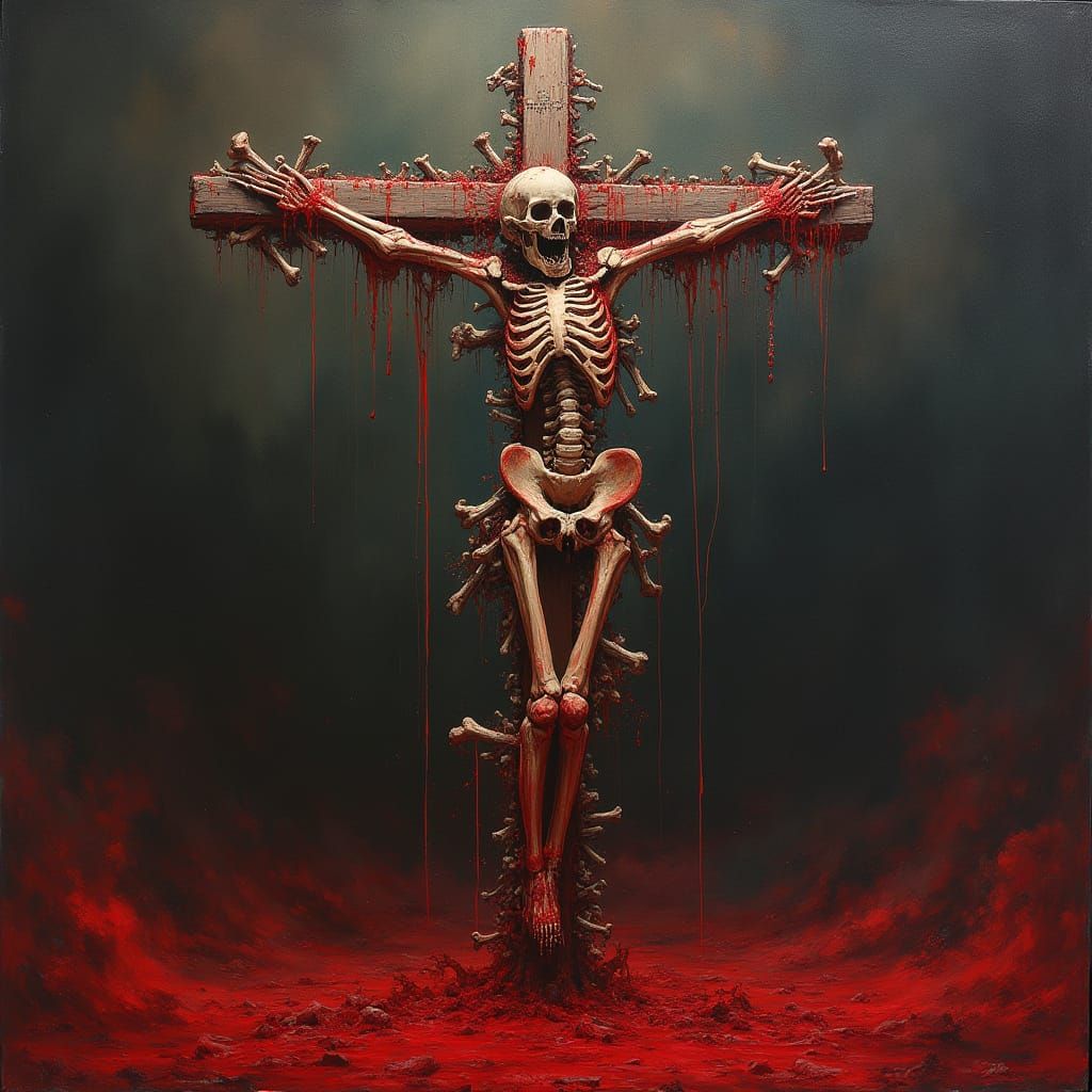 Crucified Skeleton in Apocalyptic Horror Landscape