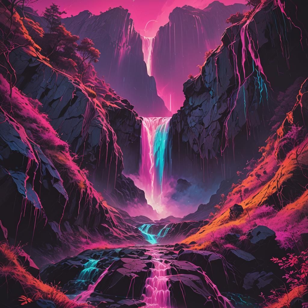 Colorful Waterfall Pours From Sky Rift in Synthwave Style