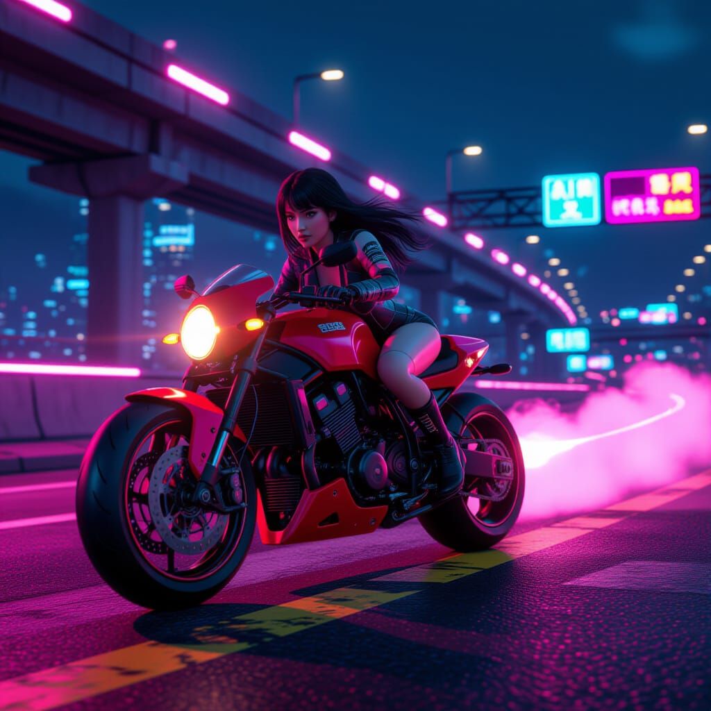 Woman on Motorcycle in Dystopian Freeway, 90s Anime Style
