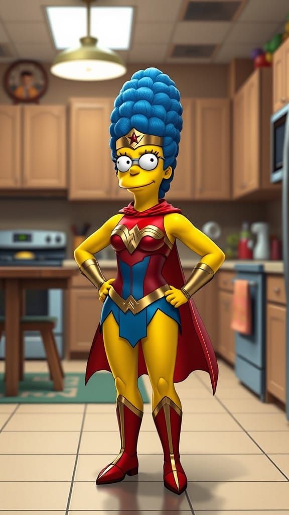 Simpsons' Marge Wonder Woman in Epic 3D Cinematic Style