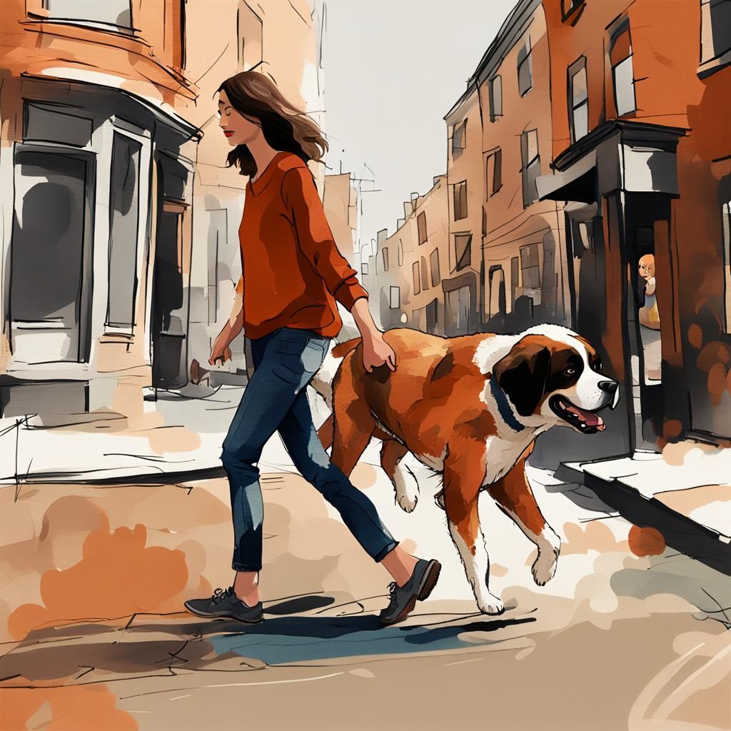 Woman Walking St. Bernard: Quentin Blake Illustration