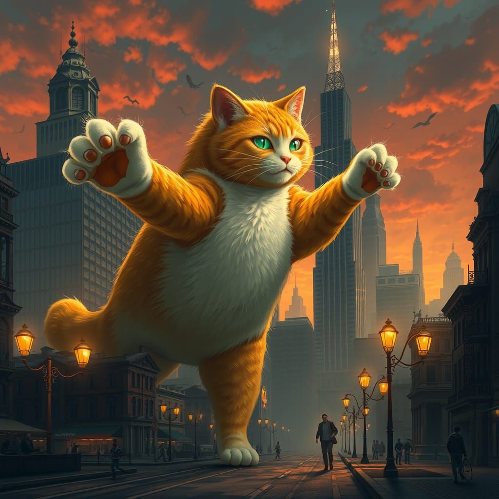 Giant Cat Destroys City in Surreal Dreamscape