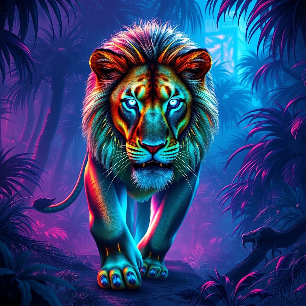 Bioluminescent Lion in Alien Jungle