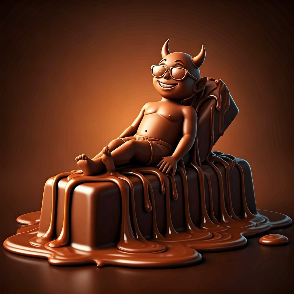 Chocolate Devil Sunbathing in a Surreal Dessert Paradise