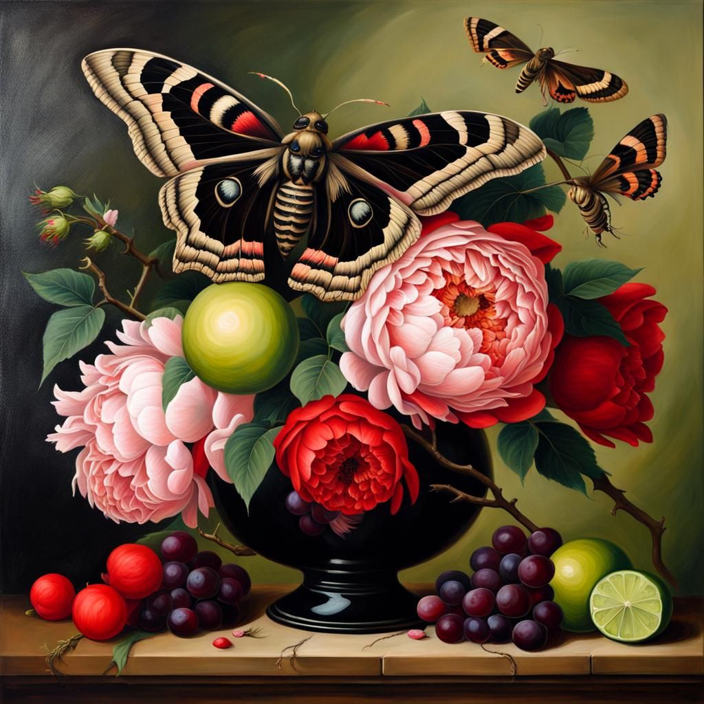 Baroque Still Life with Moth, Roses and Fruit