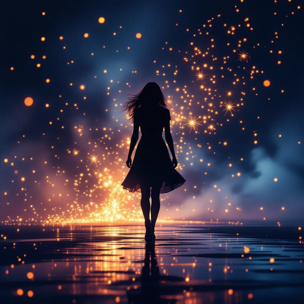 Woman in Silhouette Walking Through a Spark Storm