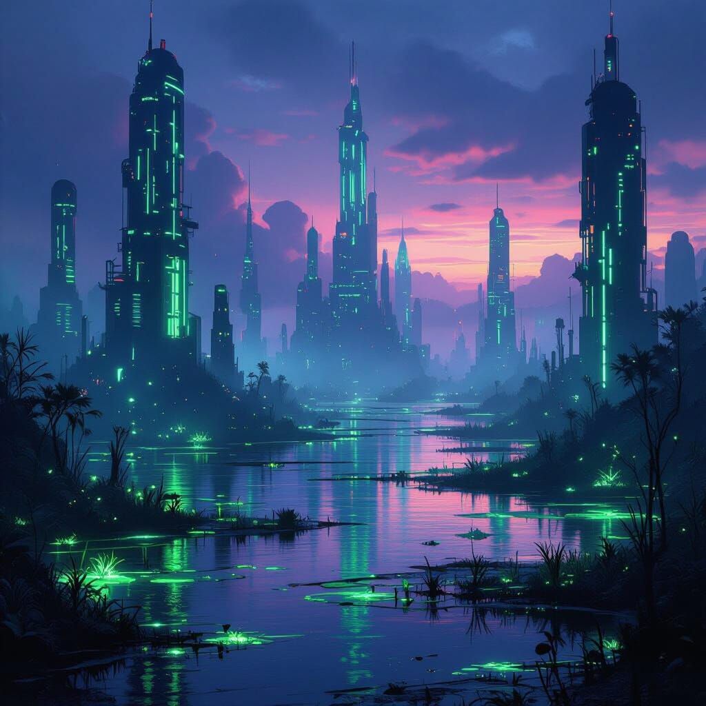 Futuristic Swamp Cityscape at Dusk Digital Matte Painting
