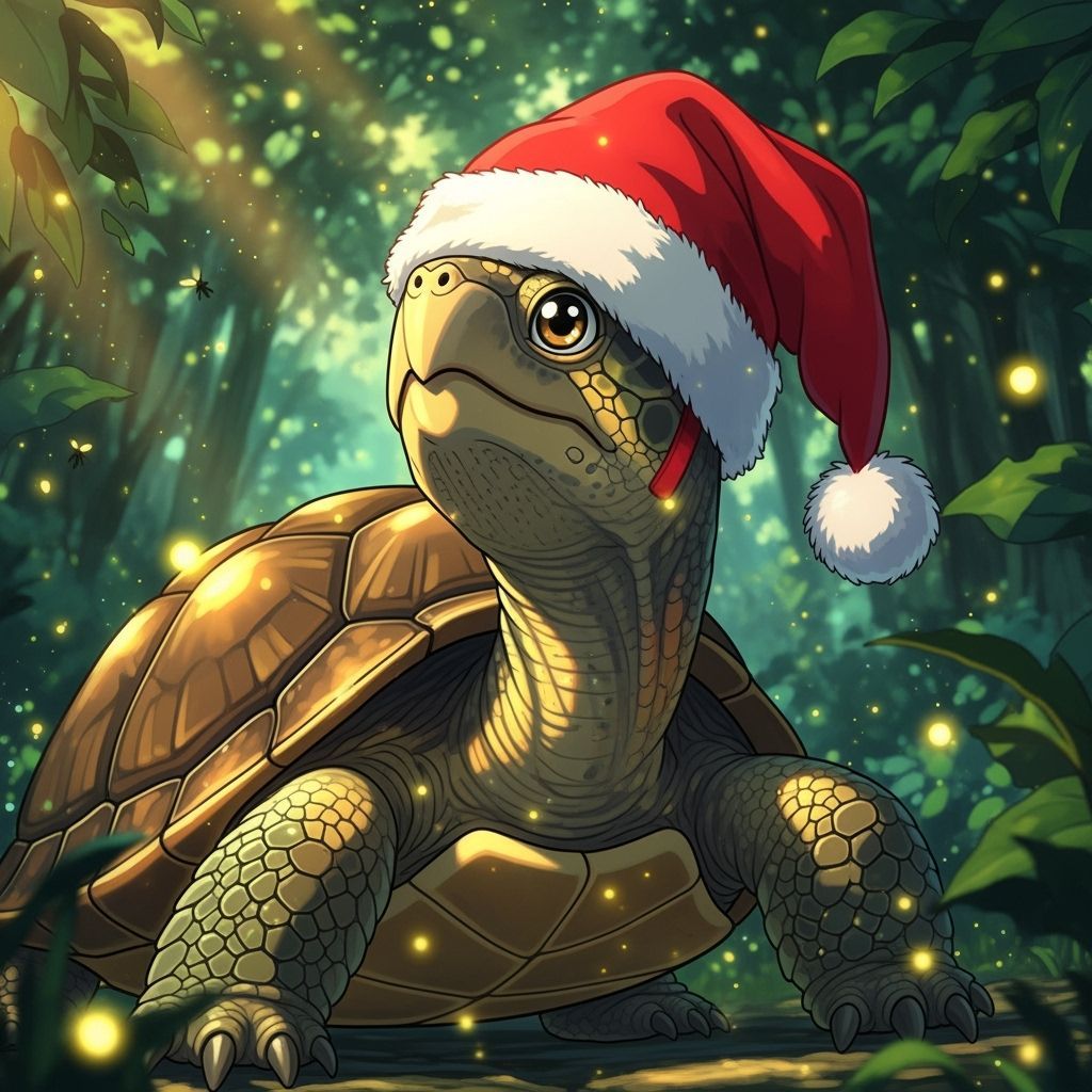 Anime Turtle Wearing Santa Hat in Ghibli Style
