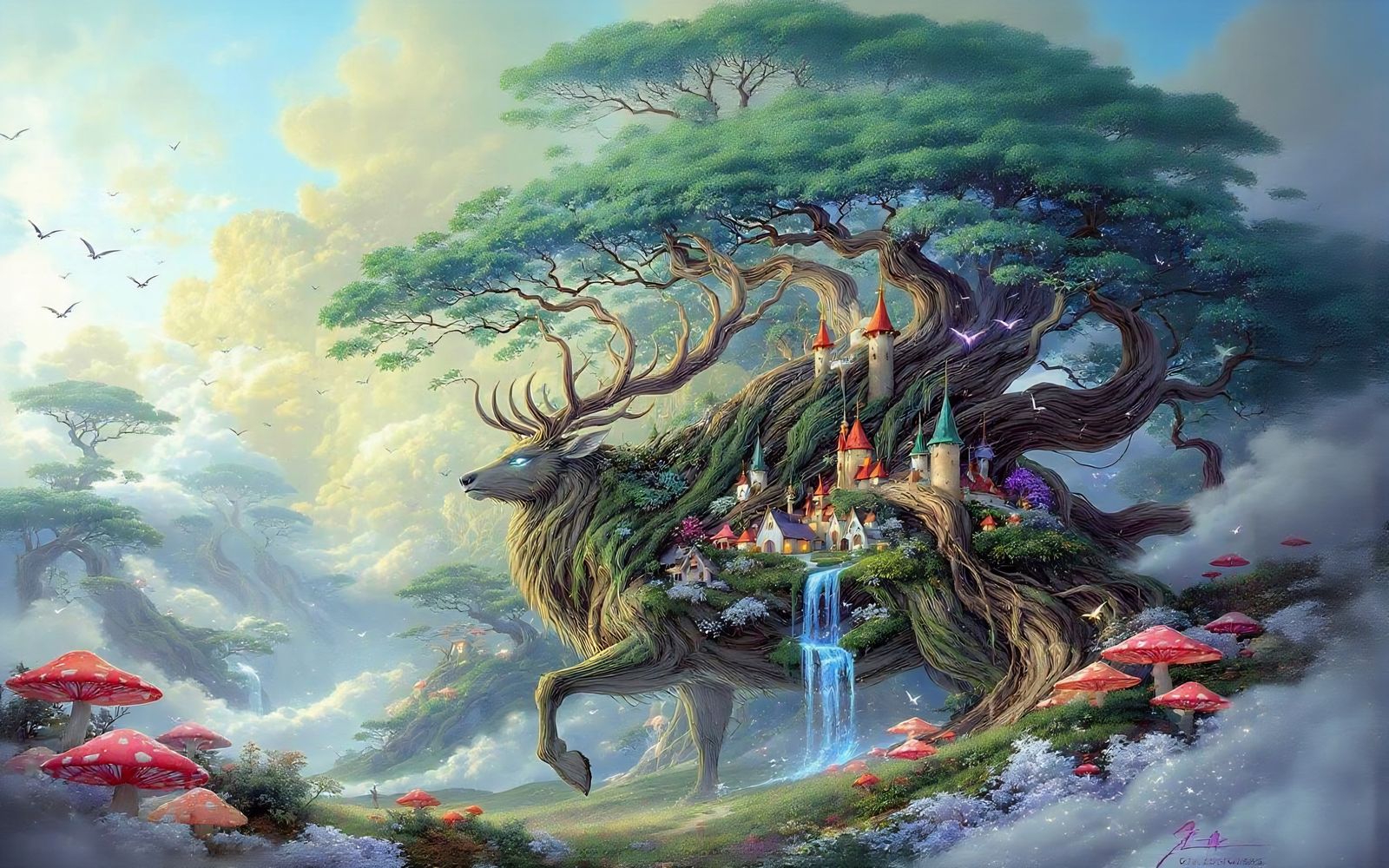 Fantasy Giant Deer with Magical Kingdom, Pointillism Style