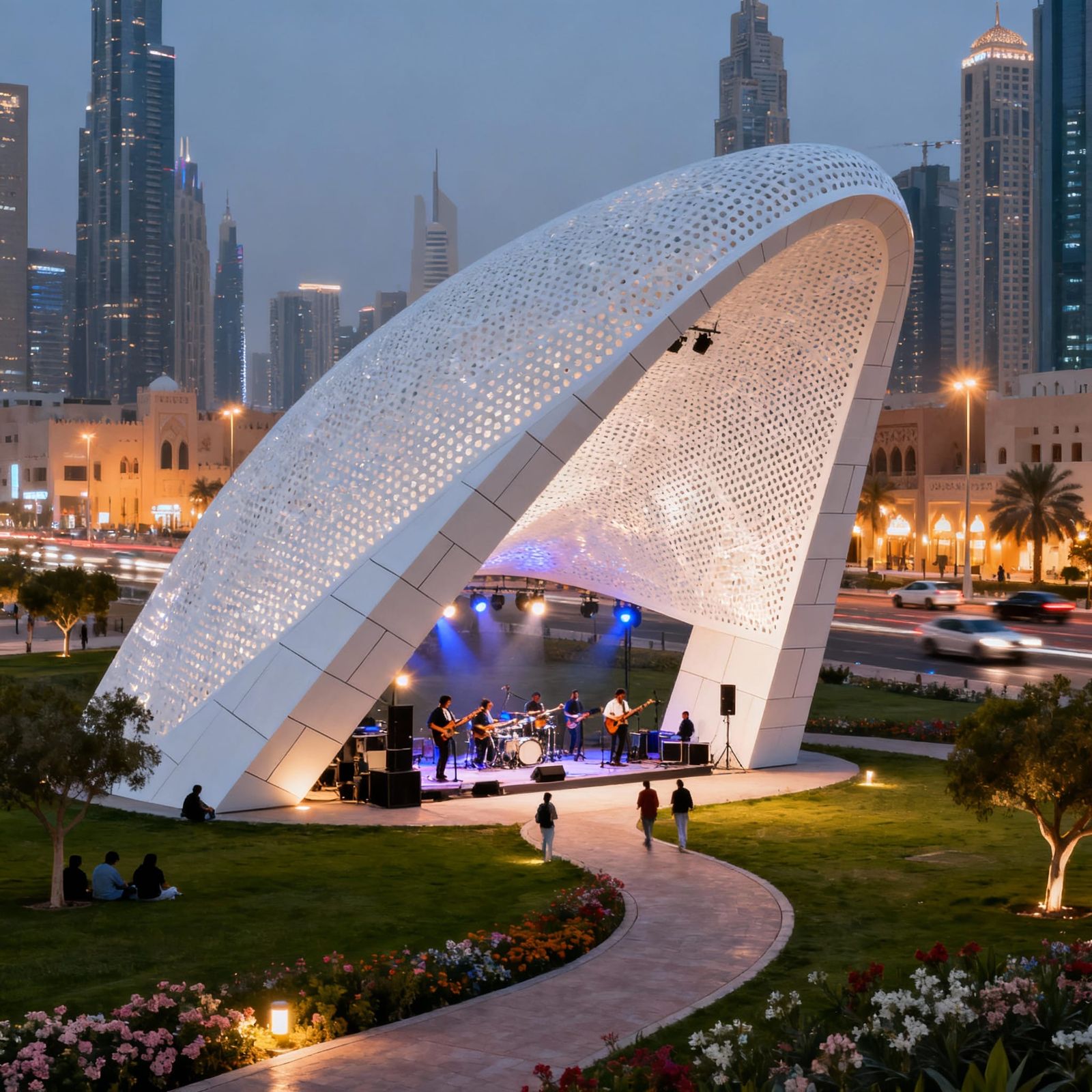 Futuristic Organic Shell Roof Over Dubai Urban Scene