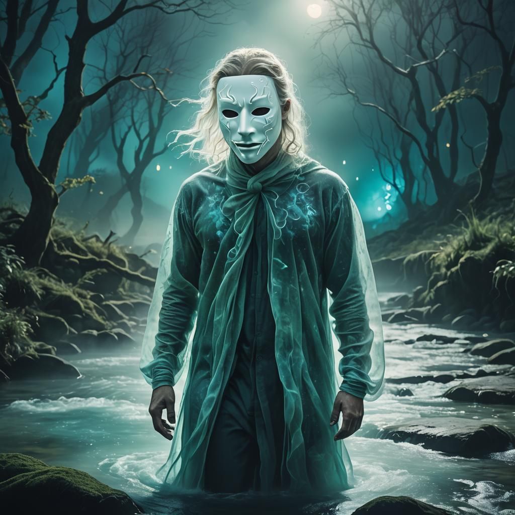 Surreal Double Exposure: Masked Figure in Dreamlike Stream