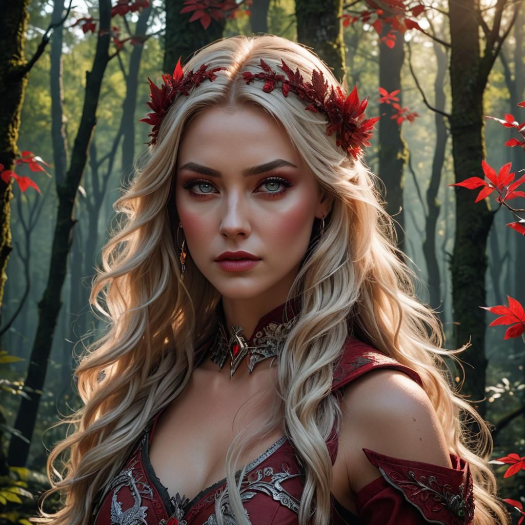 Crimson Beauty in Forest: Detailed Digital Art