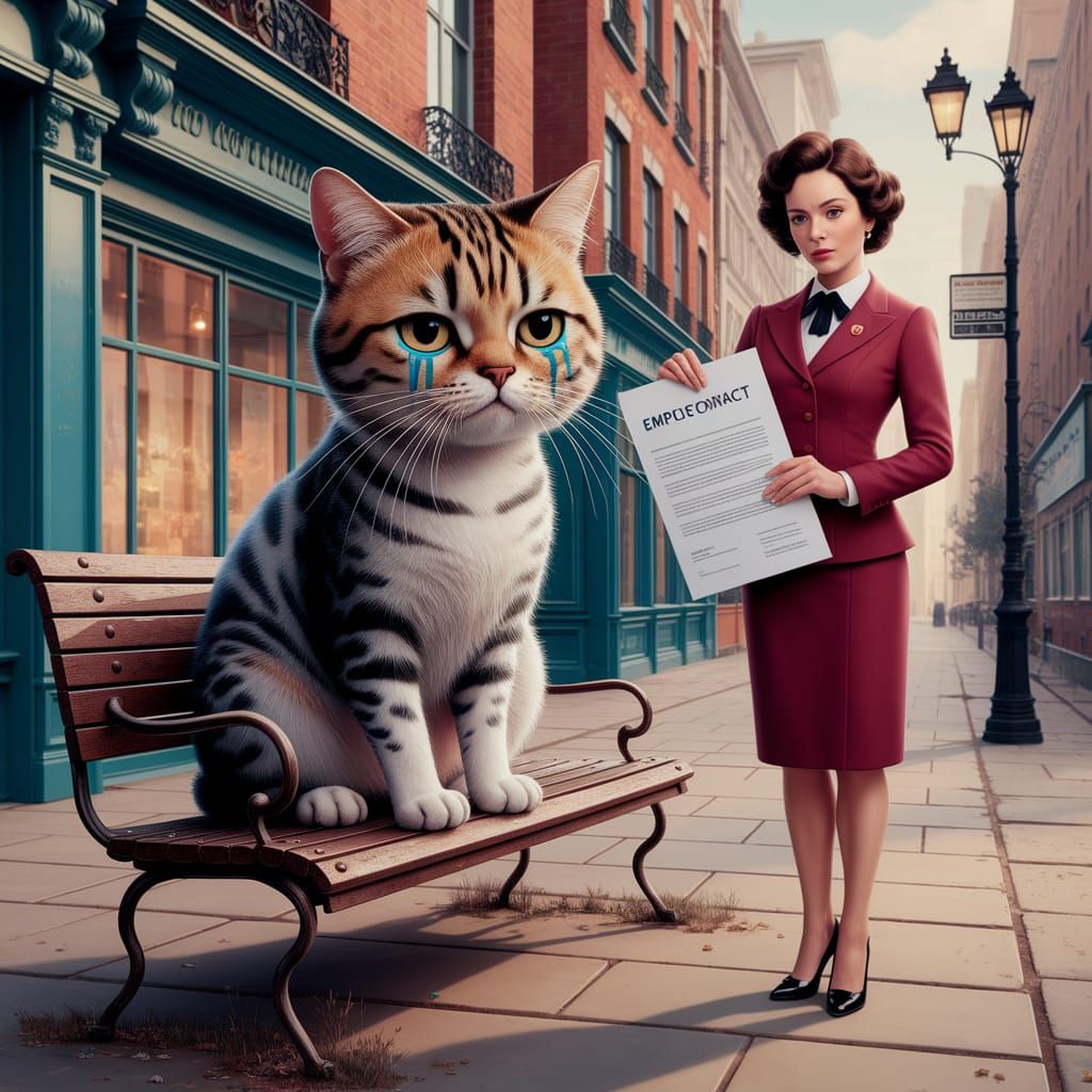 Cartoon Cat Offered Contract in Dadaist Style