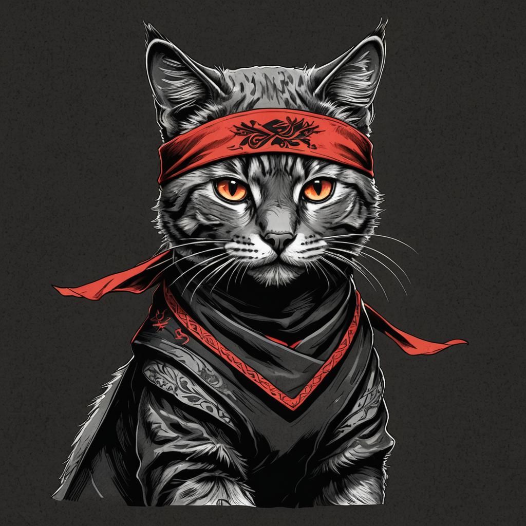 Ninja Cat with Red Bandana in Selective Color Art