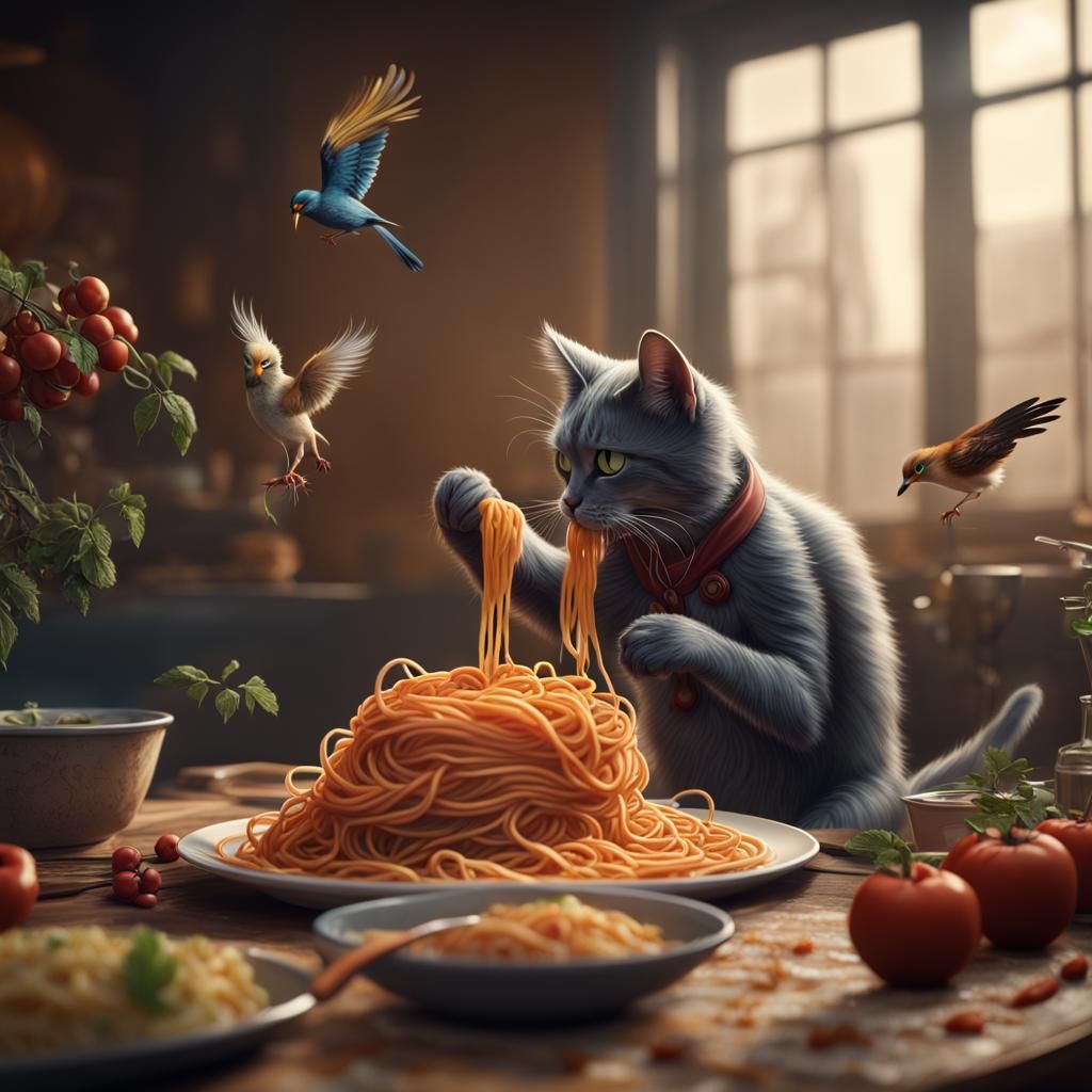 Cat Eating Spaghetti: Detailed Matte Painting