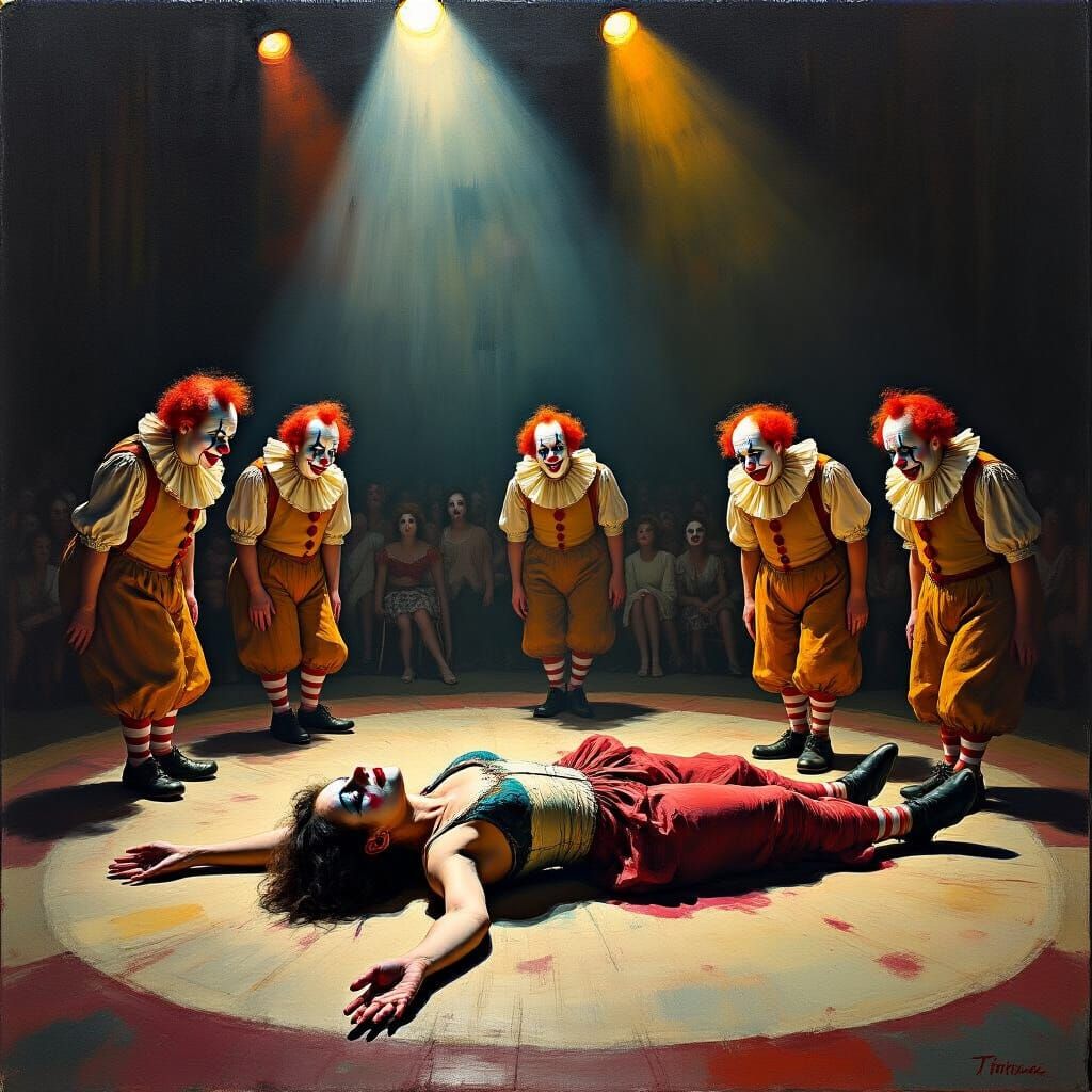 Circus Aerialist and Sad Clowns in Theatrical Oil Painting