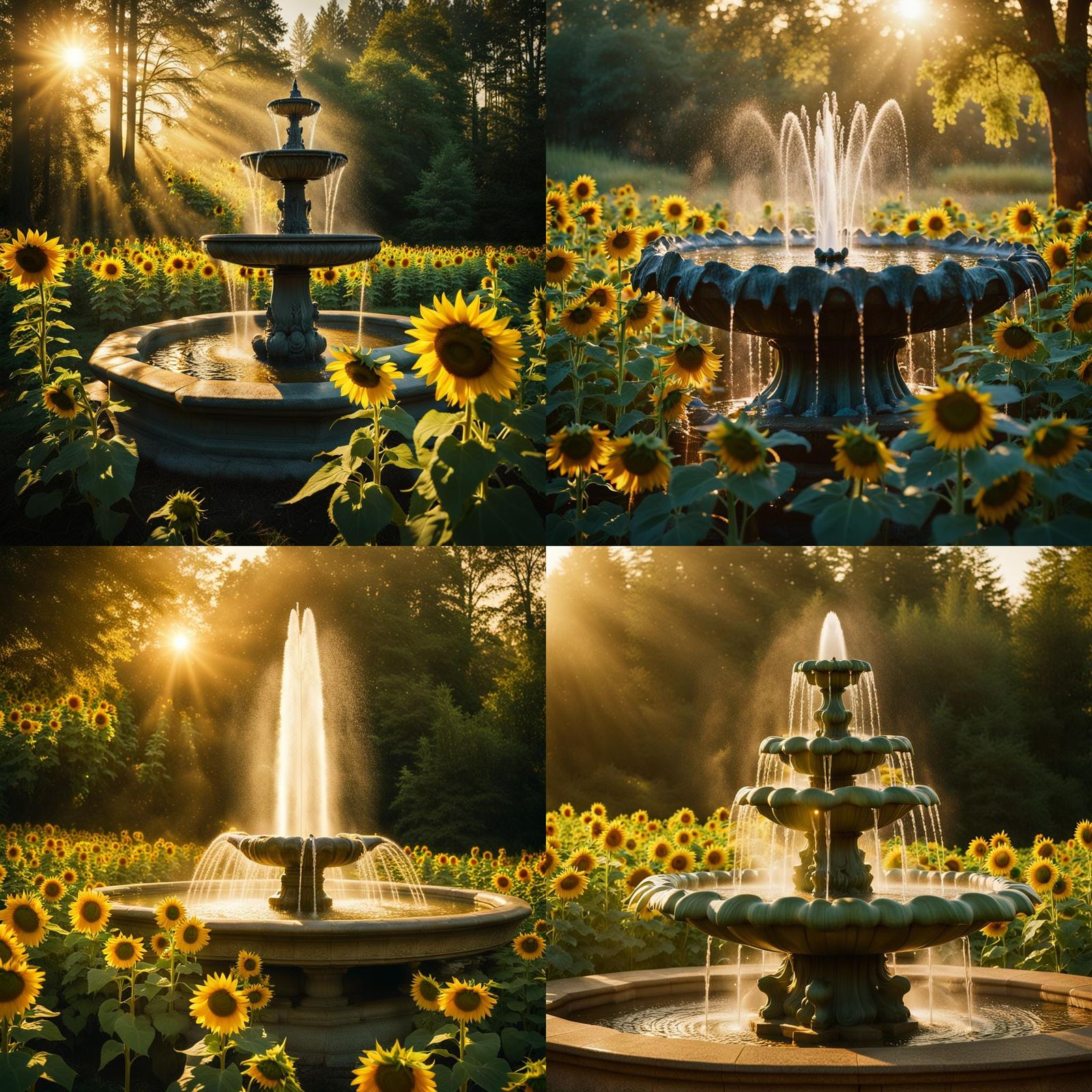 Forest Fountain with Sunflowers: Cinematic Film Still