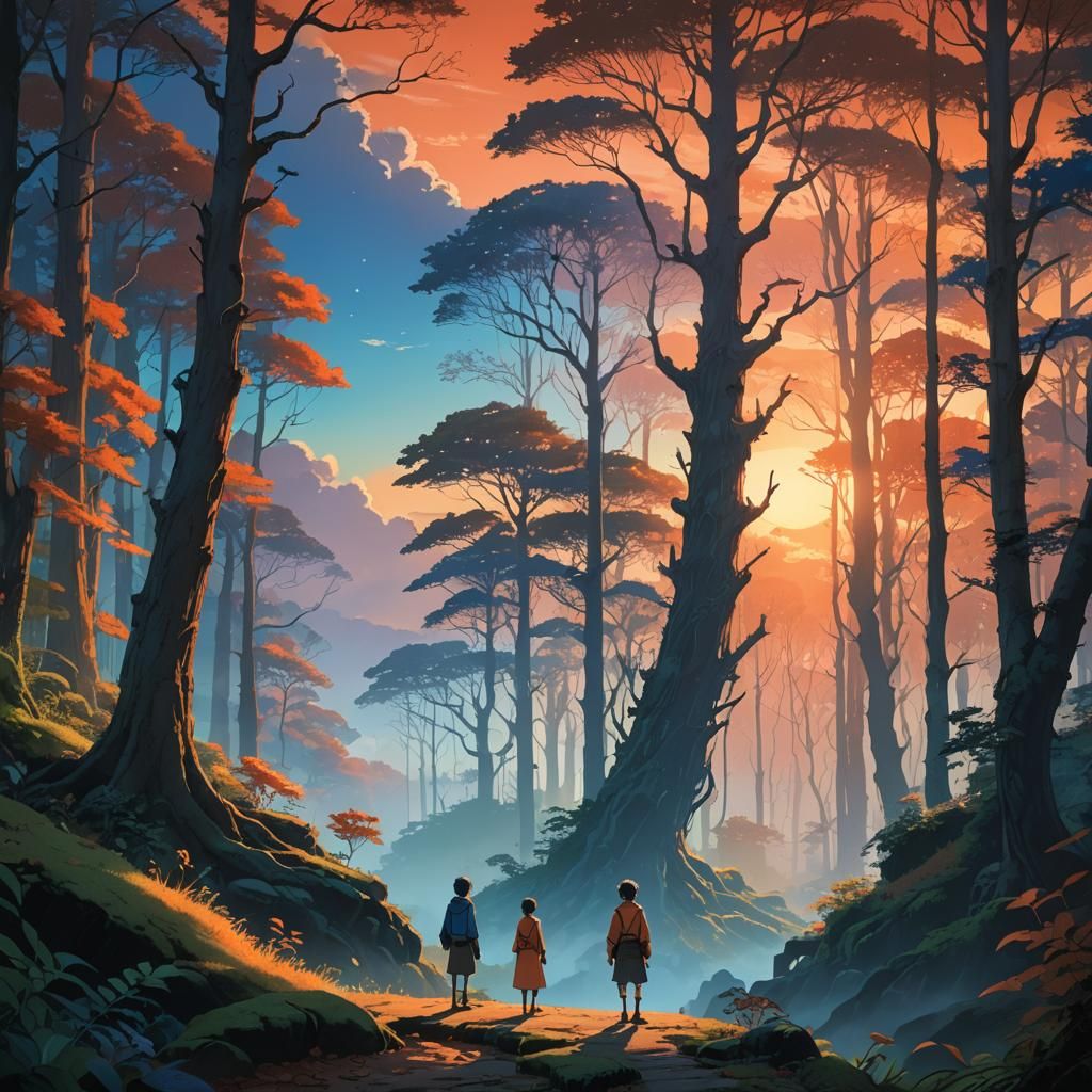 Mystical Forest Sunset: Fantasy Art in Miyazaki Style