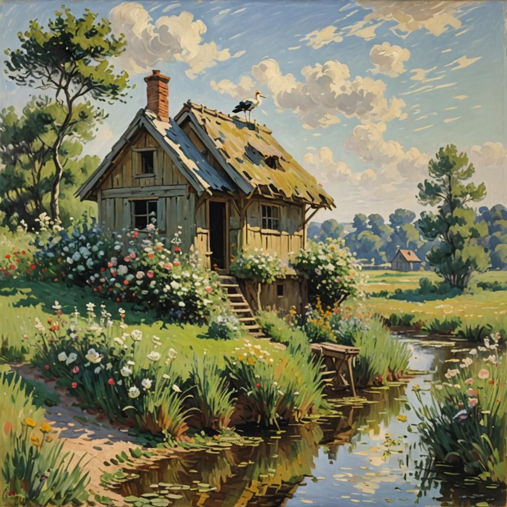 Stork Nest in Impressionistic Landscape