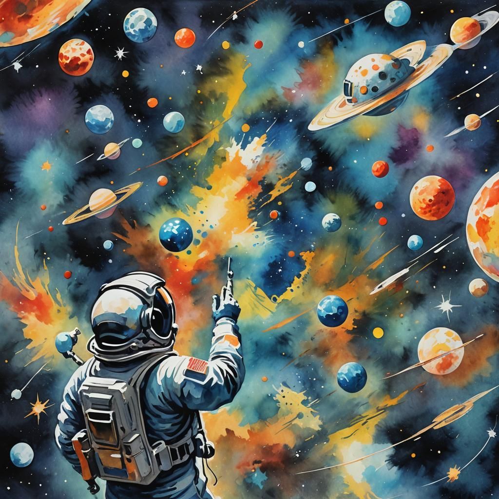 Astronaut Gamer in Gouache Style Painting