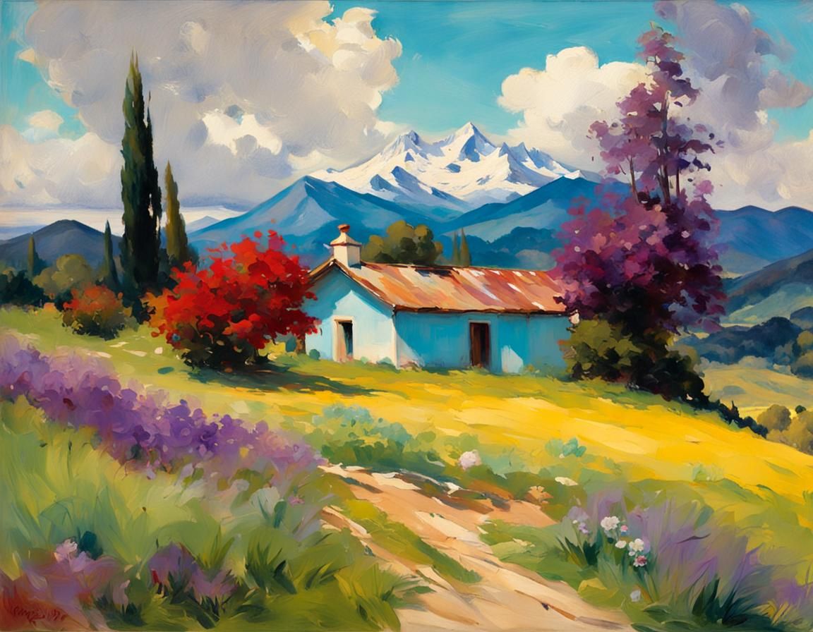 Idyllic House in Meadow: Oil Painting in Tetradic Colors