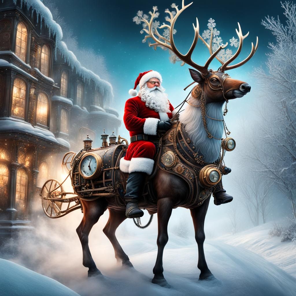 Steampunk Santa and Reindeer in Icy Mist
