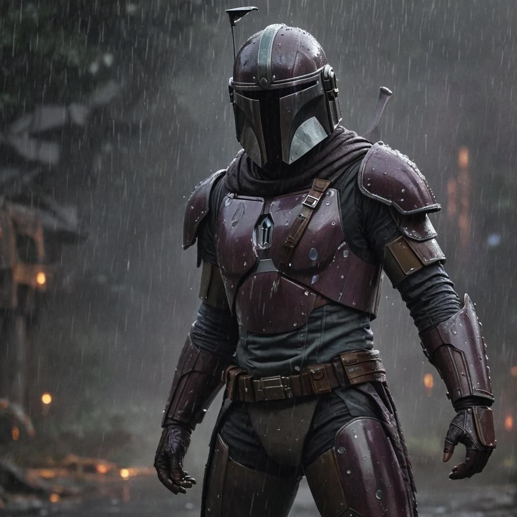 Surreal Mandalorian Warrior in Rainy Darkness