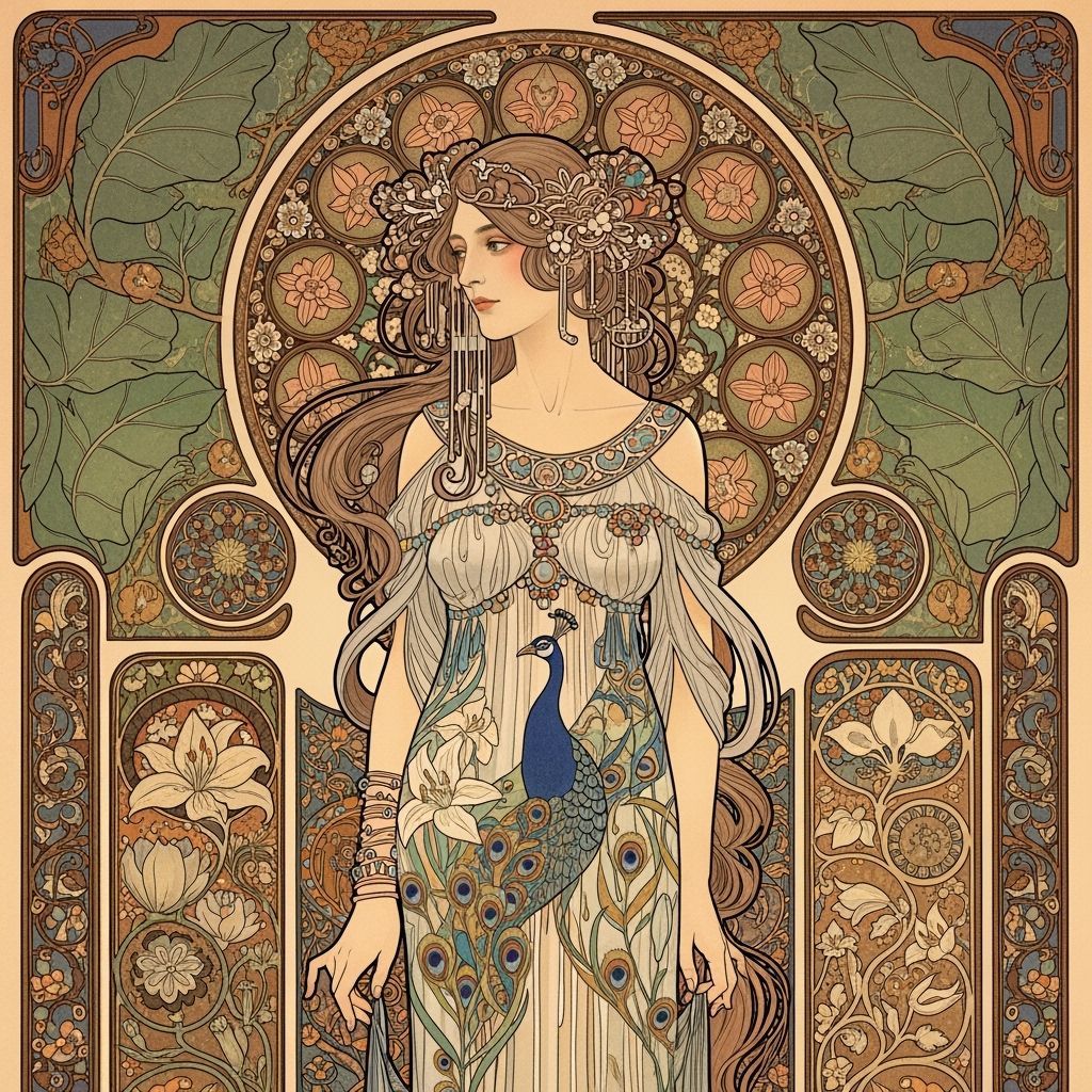 Art Nouveau Woman with Flowing Hair in Ornate Background