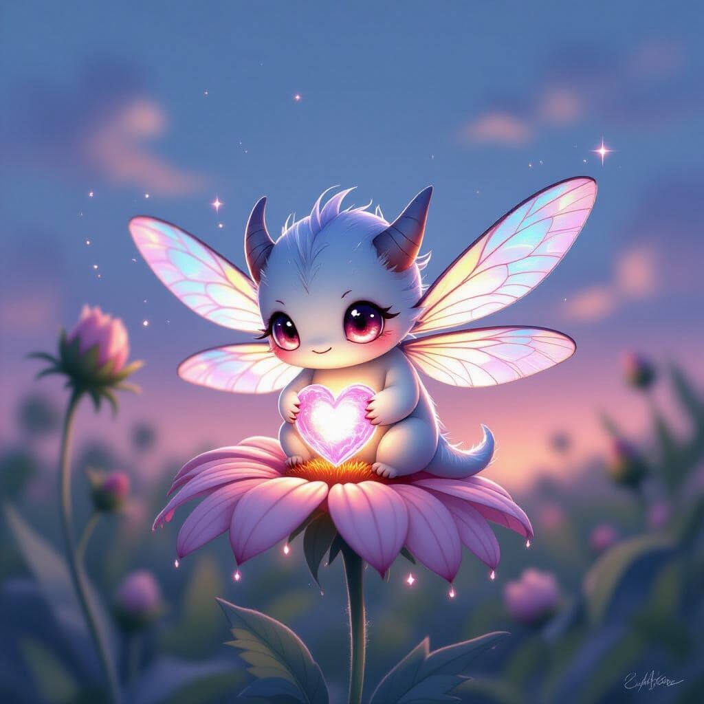 Adorable Chibi Monster with Glowing Heart and Dragonfly Wing...