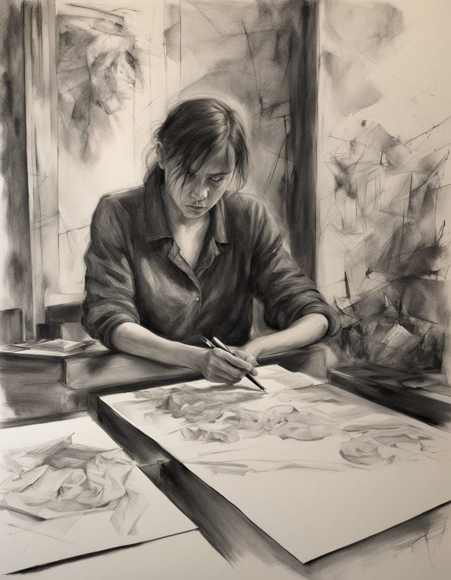Woman Doodling in Hyperdetailed Charcoal Style