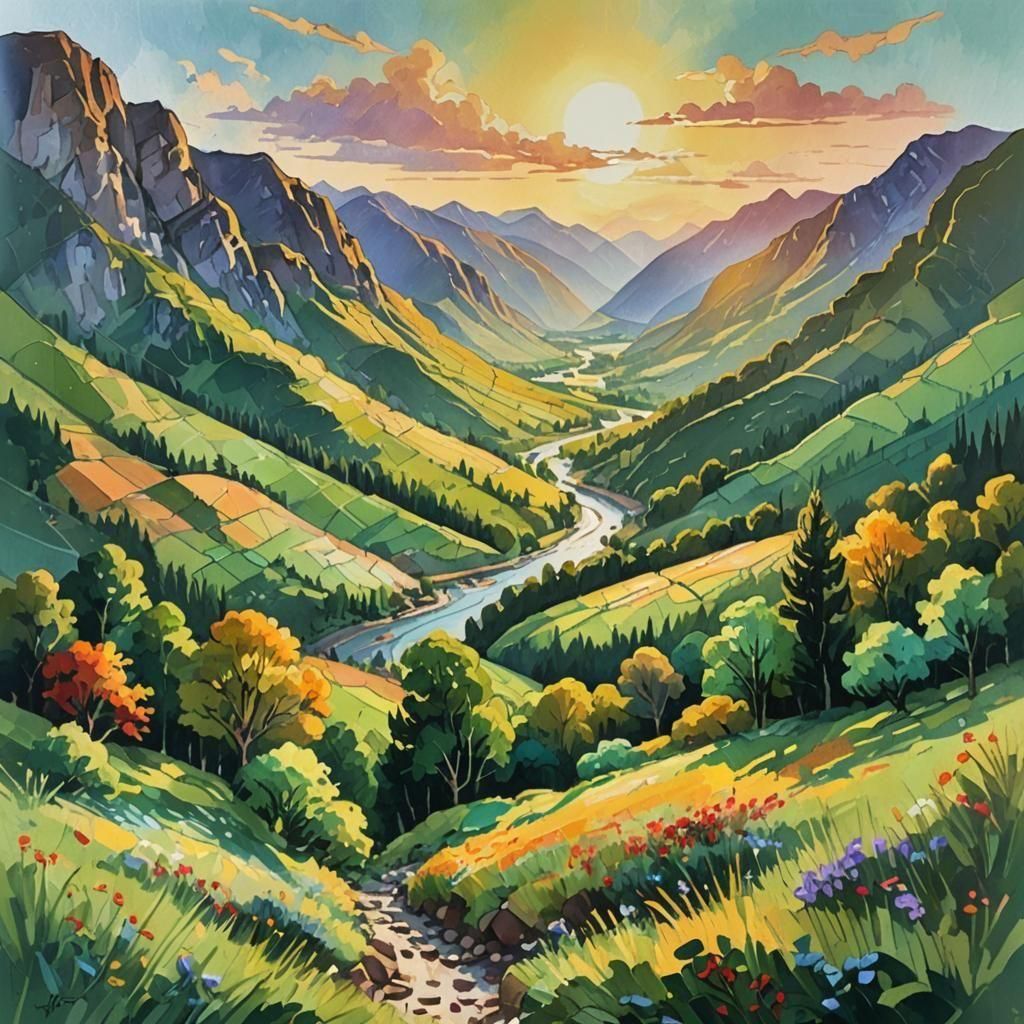 Colorful Valley in Gouache Style, Impressionist Masterpiece
