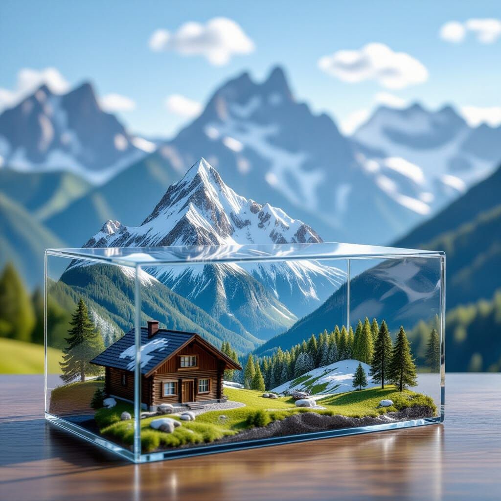 Alps Miniature in Glass Box: A Landscape Painting