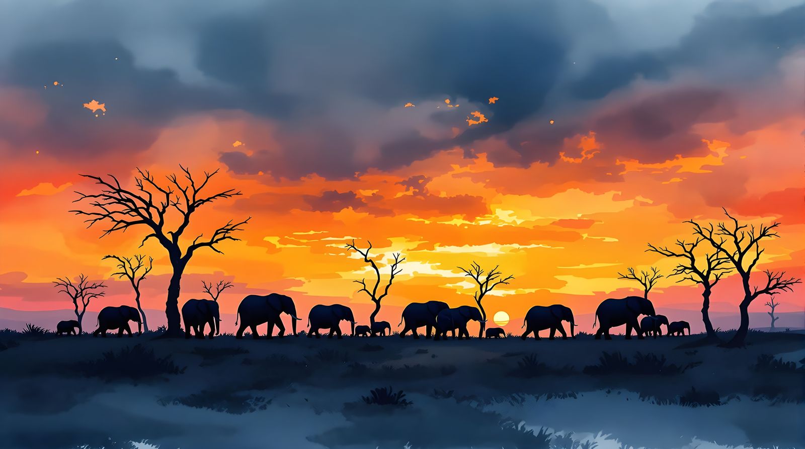 Majestic Elephant Herd Against Sunset Savannah