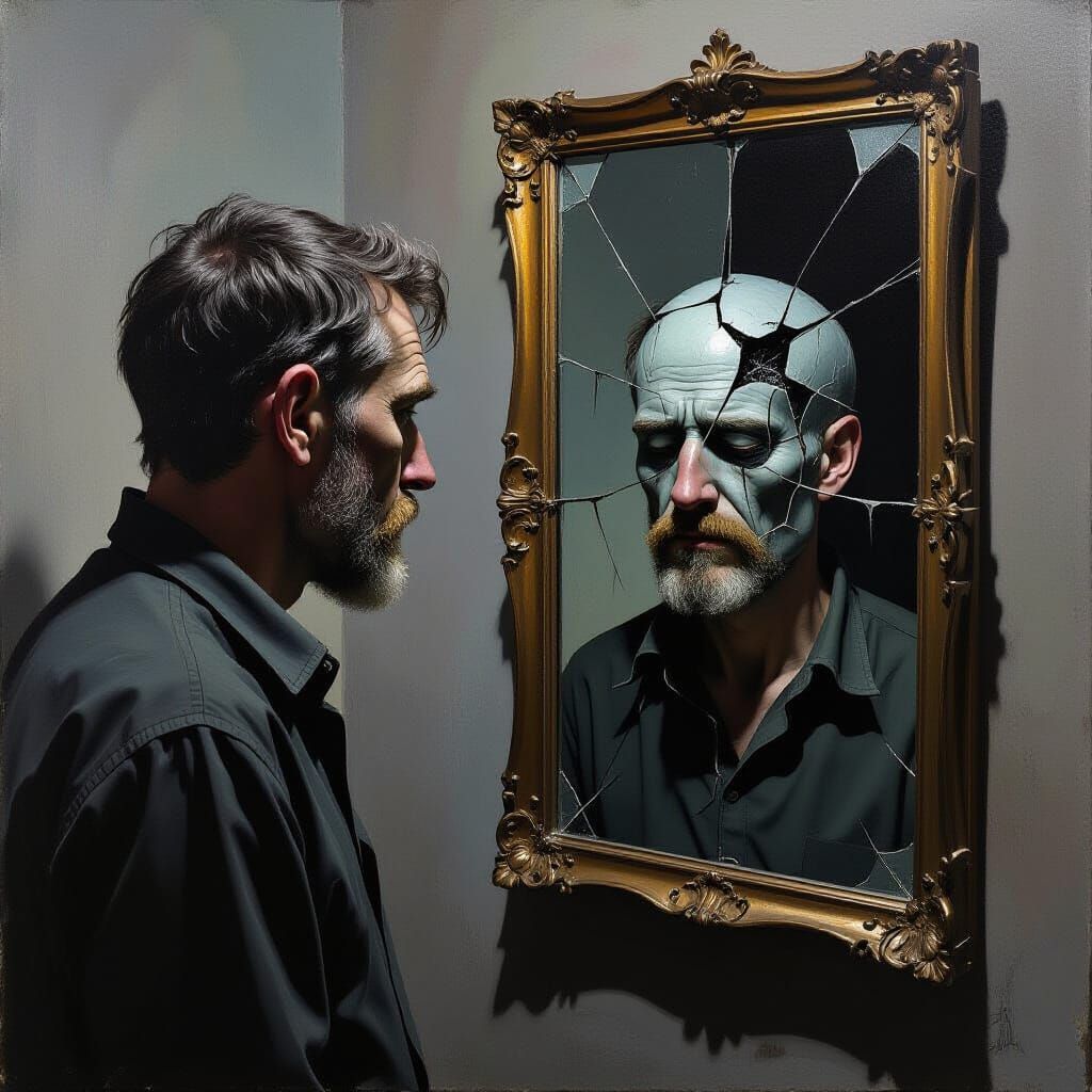 Man Gazes into Mirror Reflecting Broken Earth
