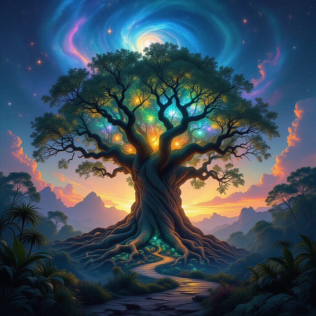 Ancient Bioluminescent Tree in Alien Garden