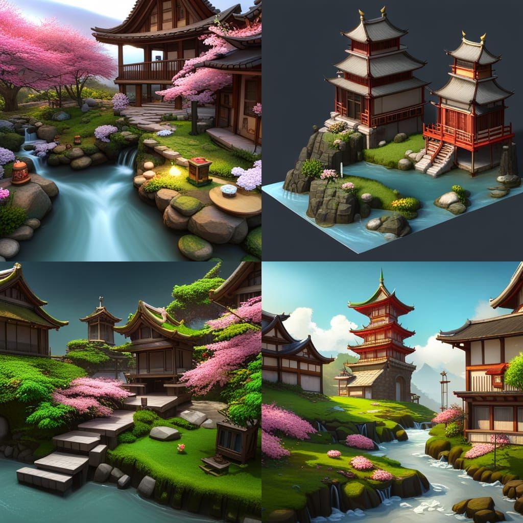 Japanese-Voodoo Game Level with Cherry Blossoms in 3D