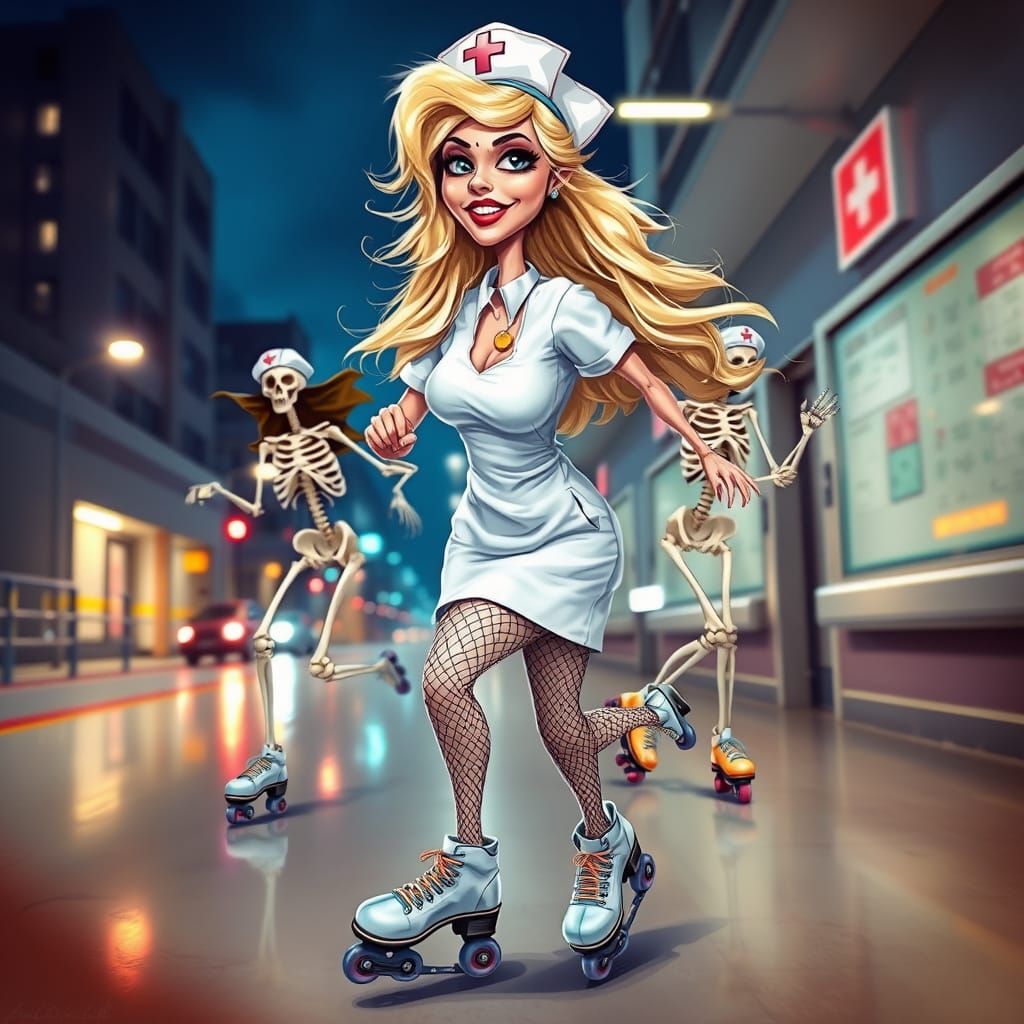 Surreal Cyberpunk Nurse Rollerblading Masterpiece
